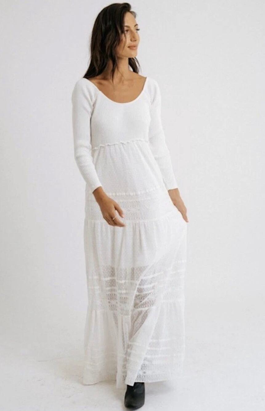 Free People Maxi Dress M Cream White Lace Boho Long Sleeve NWT OB1026318